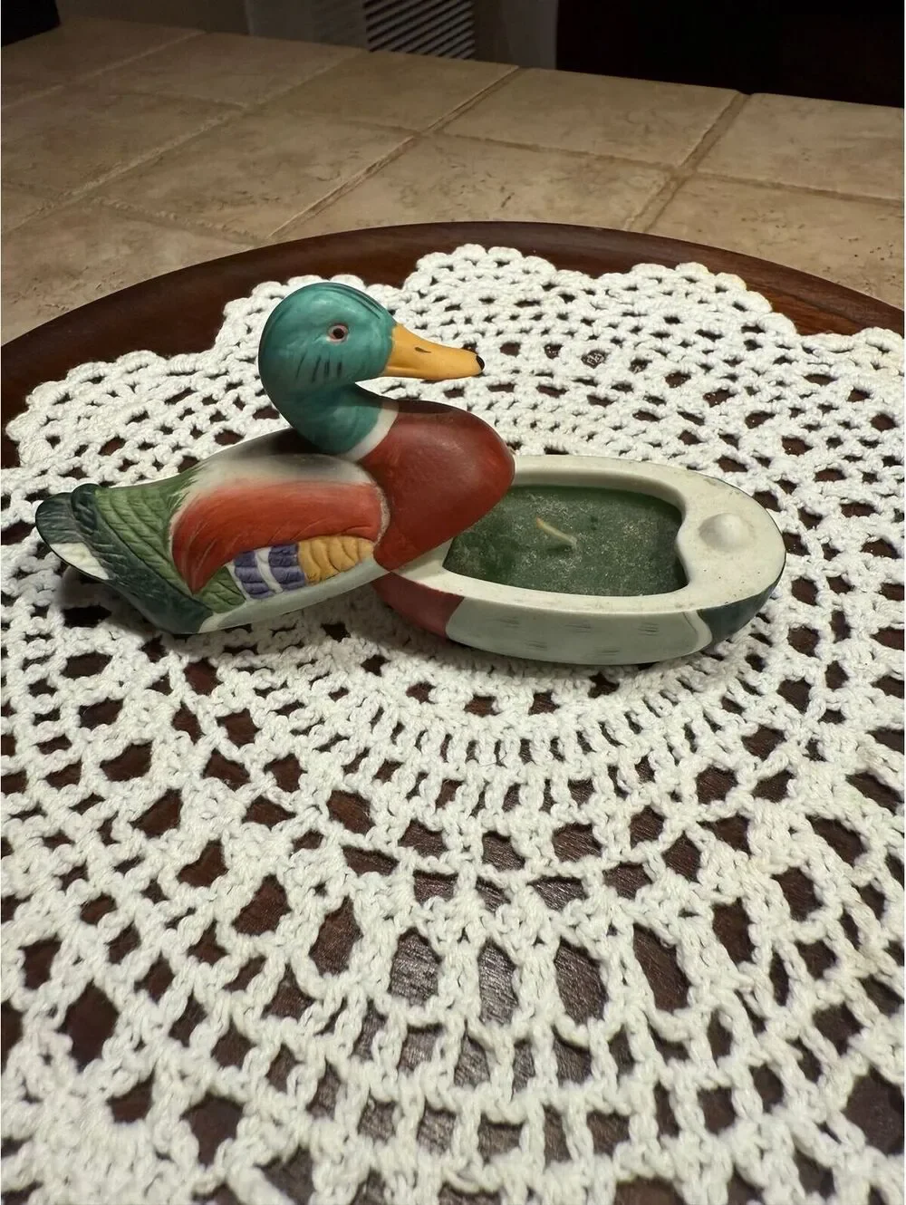39.  Vintage Bisque Porcelain Mallard Duck Candleholder